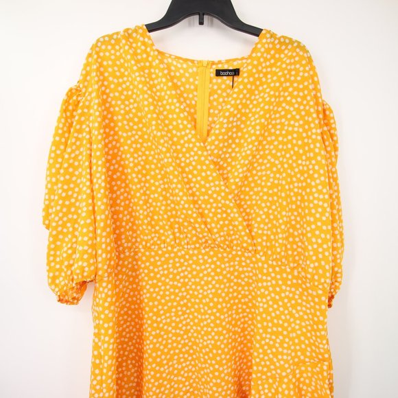 Boohoo Mustard Yellow Daisy Wrap Dress Size 18 New with Tags - Picture 2 of 7